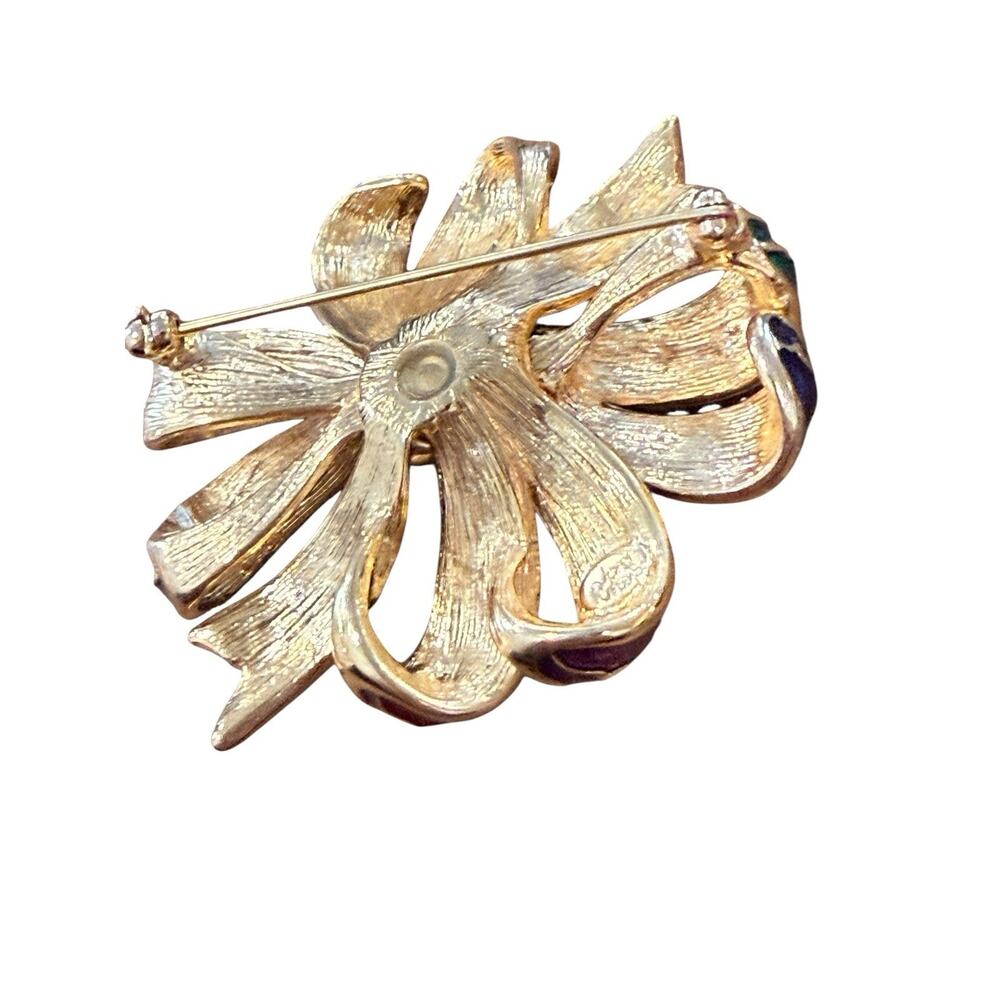 JOAN RIVERS Signed Goldtone Enamel Bow with Rhinestone Brooch Pin Red Green - Picture 6 of 8
